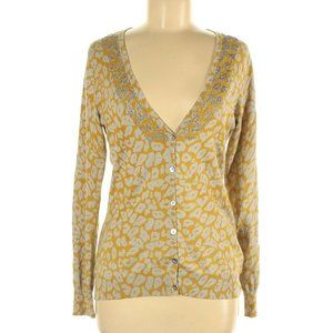 NWT JOSIE NATORI Silk Beaded V-neck Cardigan Yellow Leopard Print $295